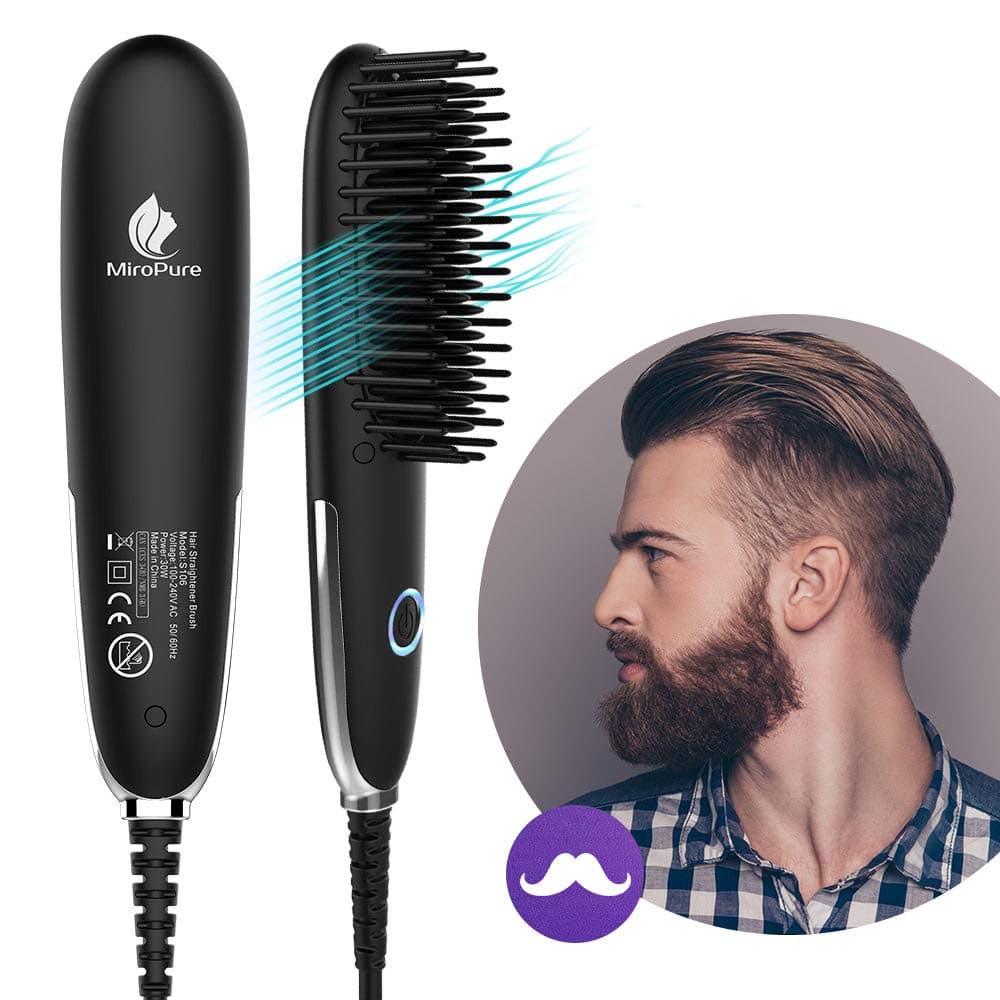 Miropure Beard Straightener for Men, Mini Beard Straightening Heat Brush Comb Ionic - Electric Dual Voltage (100V-240V) - For Home & Travel