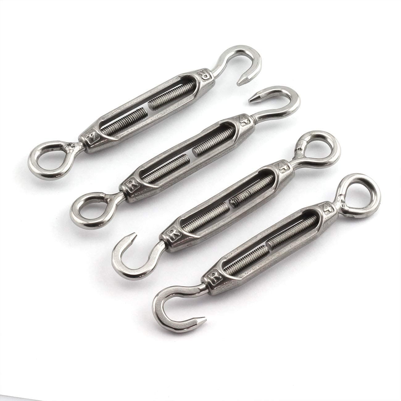 4pcs M4 Turnbuckle Screw Hook to Eye Strainer Fence CO Open Body Draw-in Bolt 304 Stainless Steel Adjustable Wire Rope Tensioner
