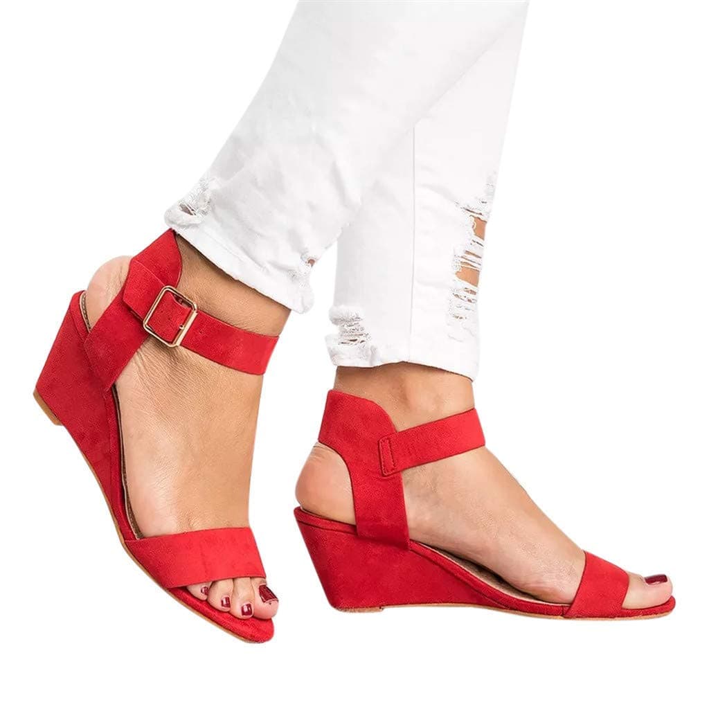 Women's Summer Ankle Strap Buckle Low Wedge Platform Heel Sandals Fashion Design Pump Shoes (US:9, Red)