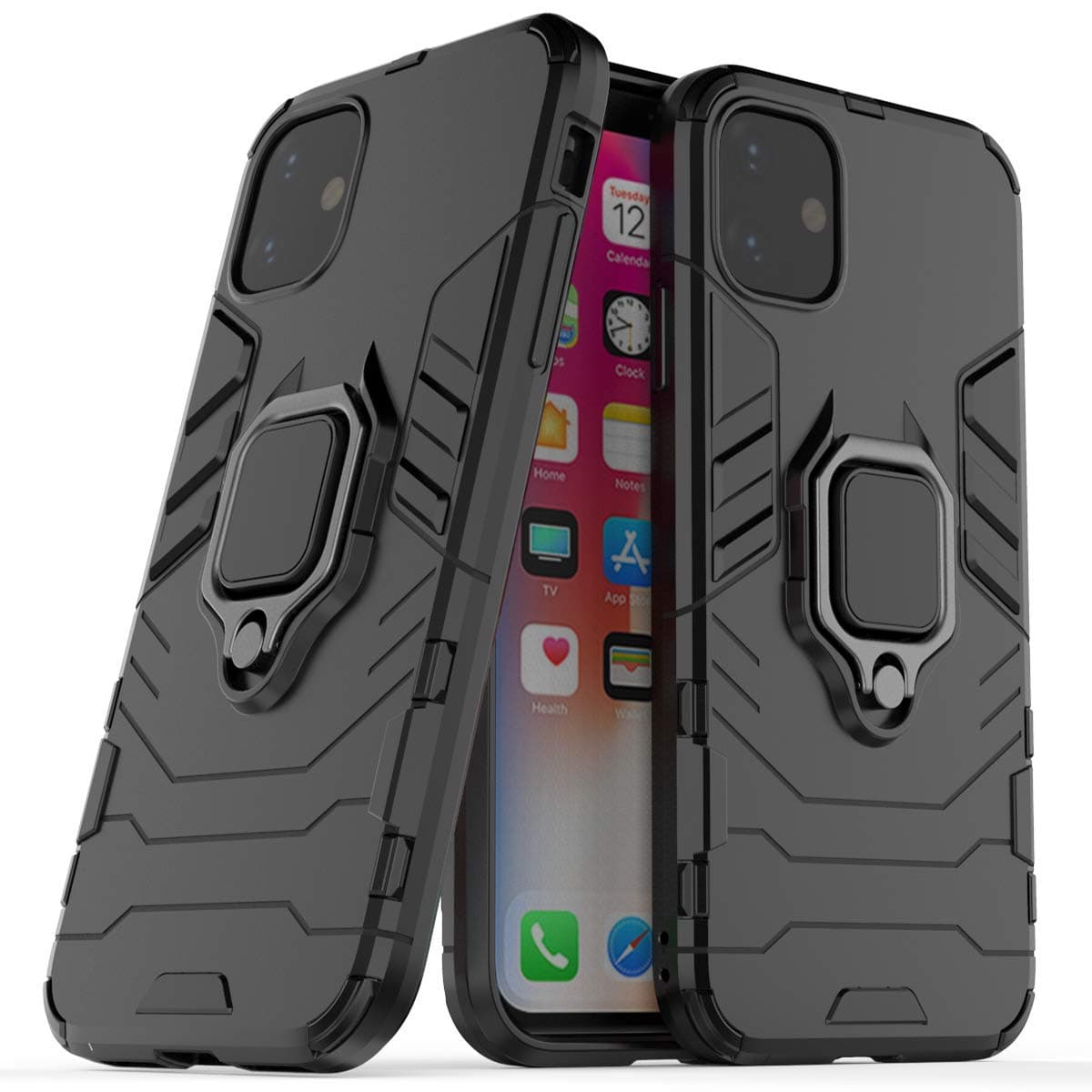 Kailer Apple iPhone 11 Case With Ring Holder Kickstand, Magnetic Car Mount Phone Case Armor, Cool Texture Design, Hard PC and Soft TPU Double Layer Protective Cover For iPhone 11-6.1 inch-2019 [Black]