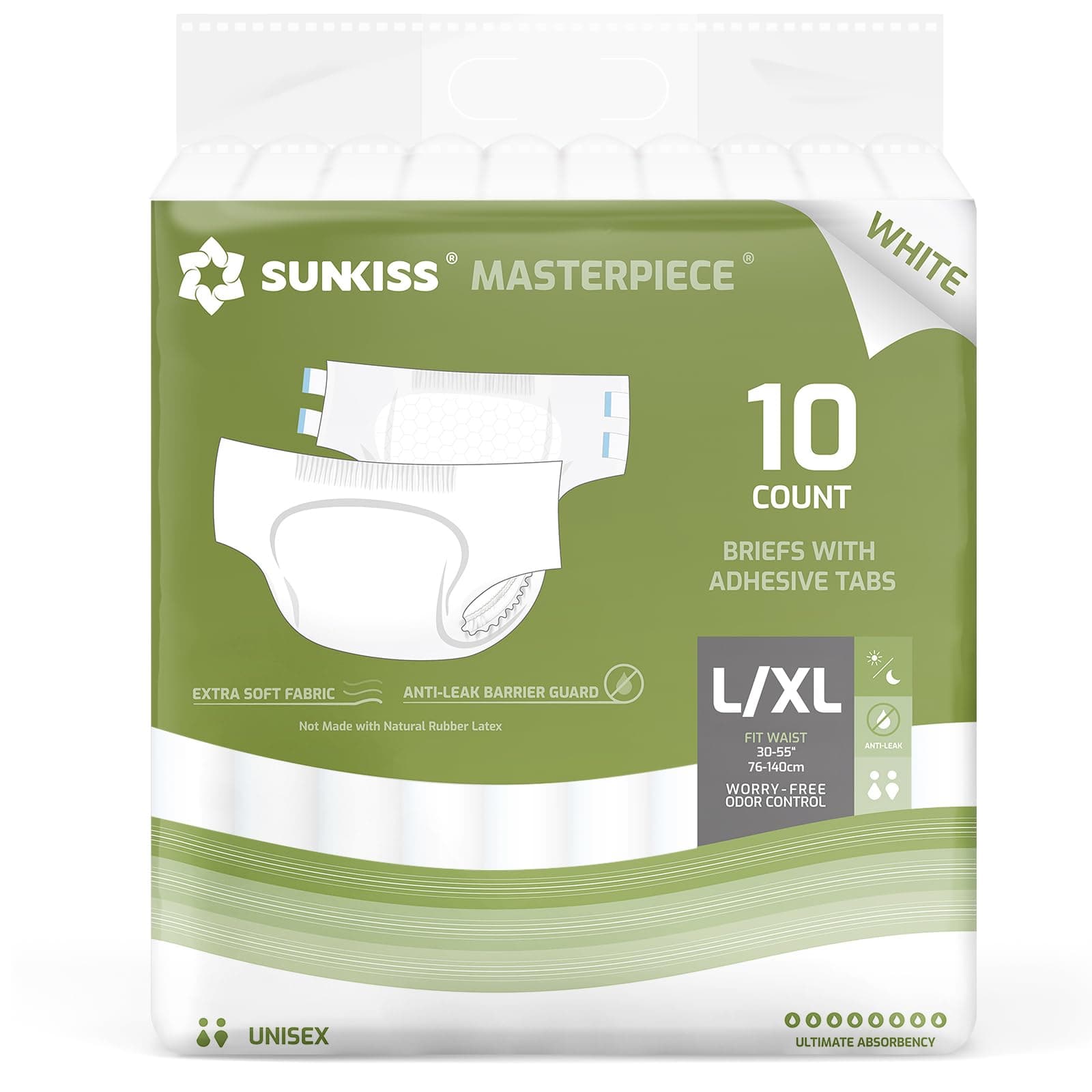 SUNKISS Masterpiece Adult Diapers with Ultimate Absorbency, Unisex Disposable Incontinence Briefs with Tabs for Women and Men, Odor Control, Overnight Protection, White, L/XL, 10 Count