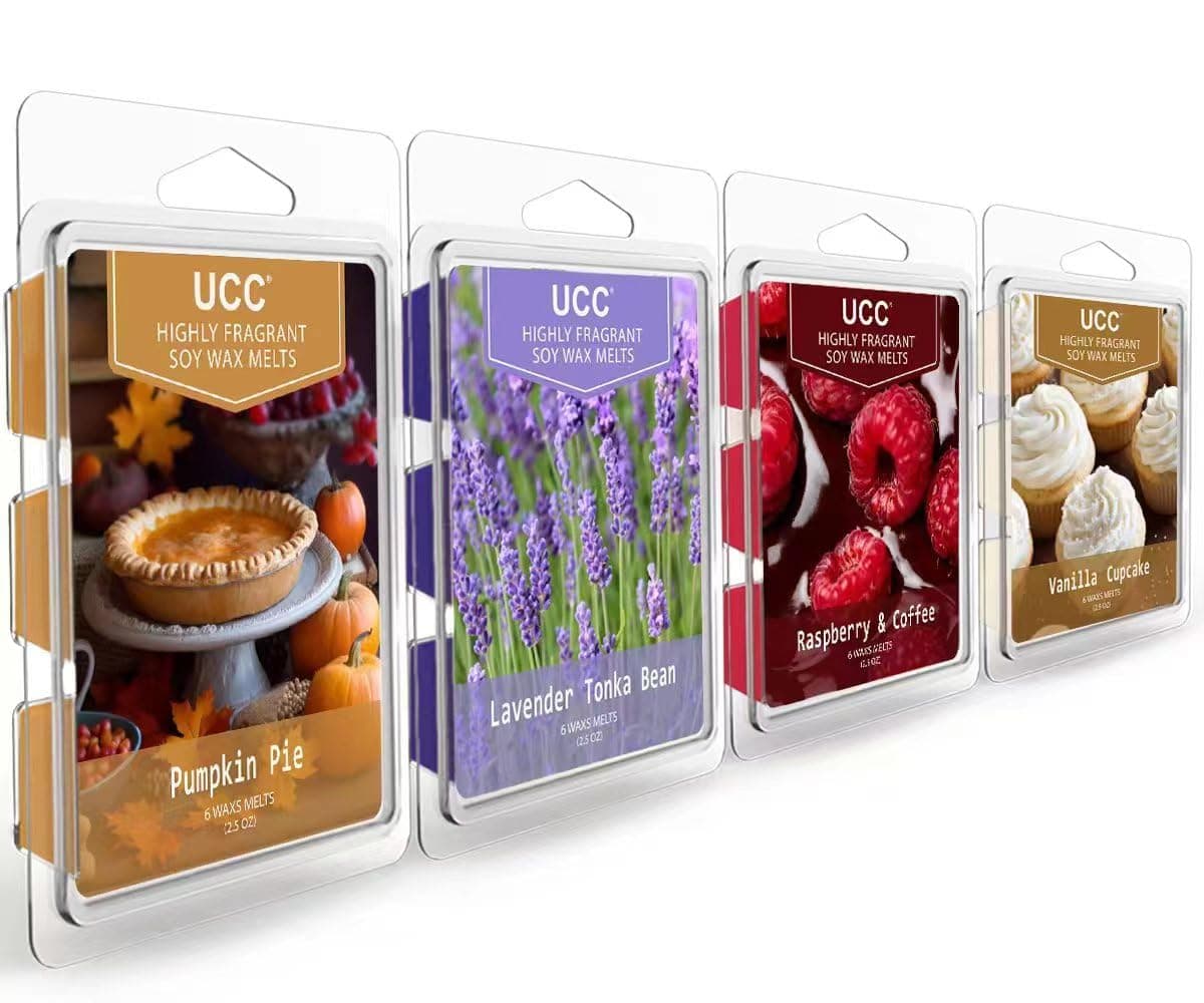 Plant Based Fall Wax Melts, Strong Fragrance, Long Lasting Premium Soy Scented Melts Cubes, Vanilla Cup, Lavendar Tonka Bean, Pumpkin Pie, Raspberry & Coffee - 4 Pack