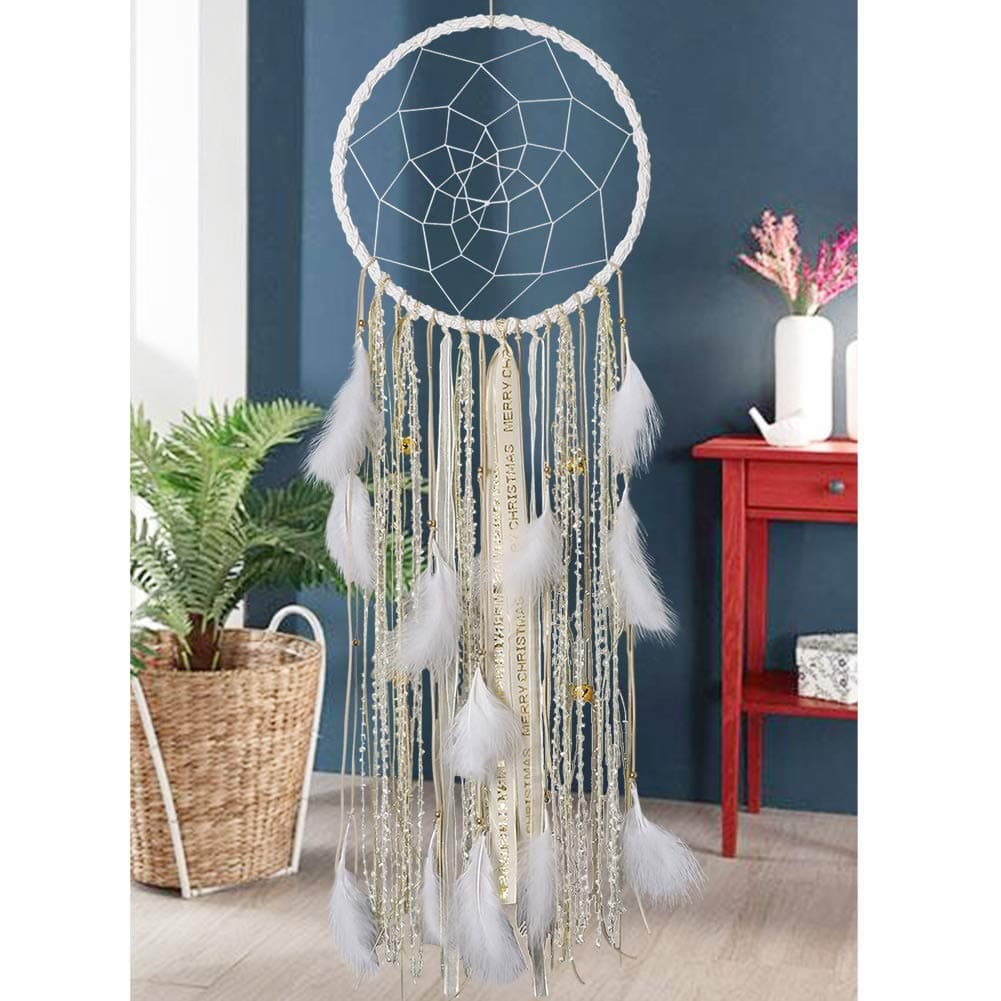 Alynsehom Extra Large Dream Catcher with White Feather Golden Bells for Baby Kids Bedroom Wall Hanging Decoration Wedding Party Boho Big Dreamcatcher Ornament Gift- Dia. 12”, Length 43”
