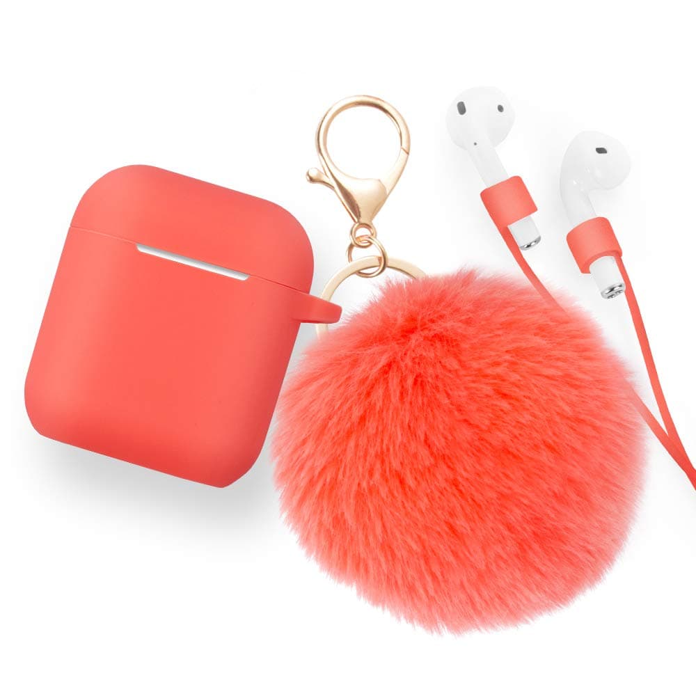 Case for Airpods Case - Cammate AirPods Case Cover Silicone Skin Protective Airpods Accessories for Apple Airpods Charging Case with Anti-lost Strap,Fur Ball Keychain,Living Coral(Front LED Visible)