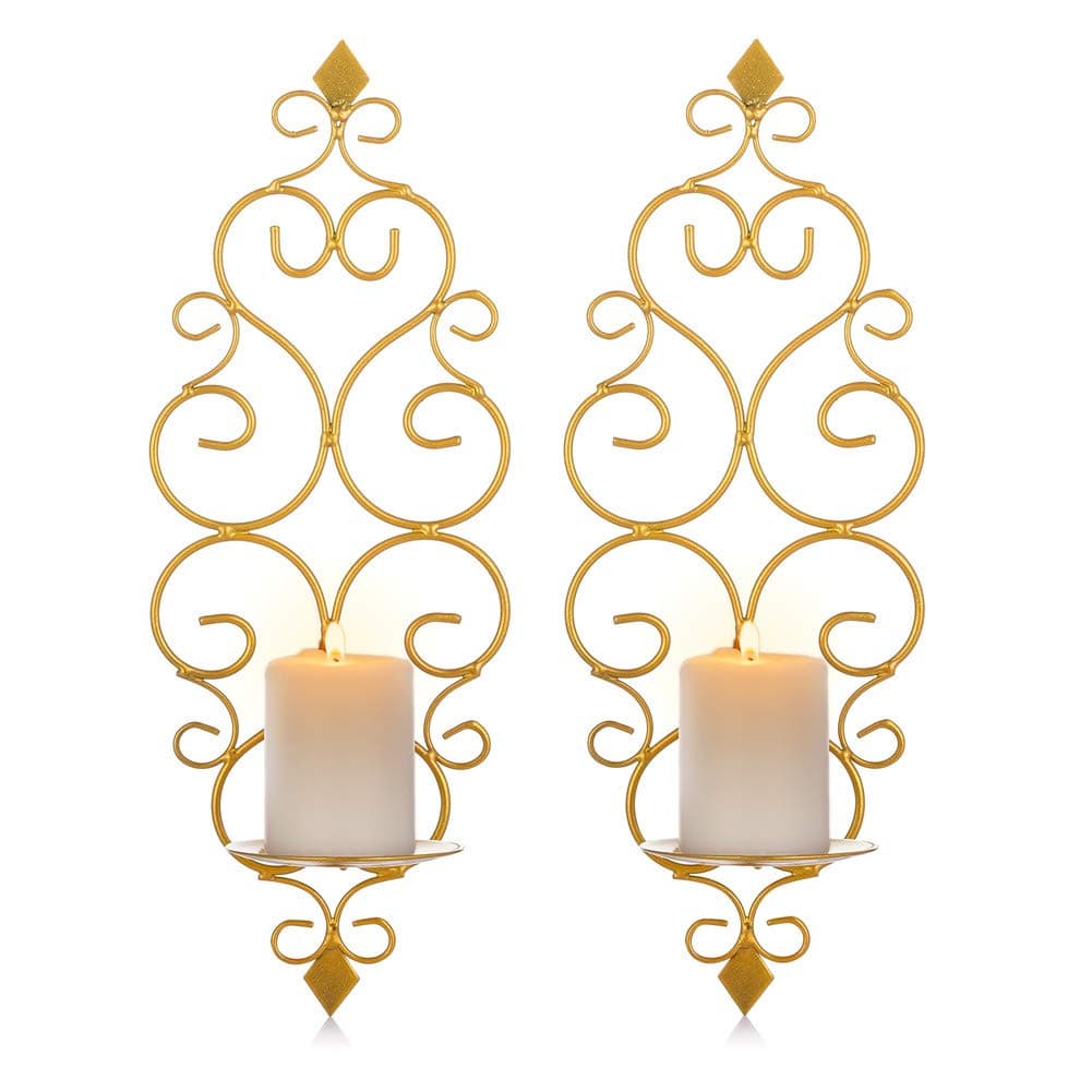 Sziqiqi Wall Candle Sconce Holder Set of 2 Hanging Wall Mounted Pillar Candle Sconces Holder, Wall Sconces Decor for Bedroom Dining Room Living Room Bathroom (Gold)