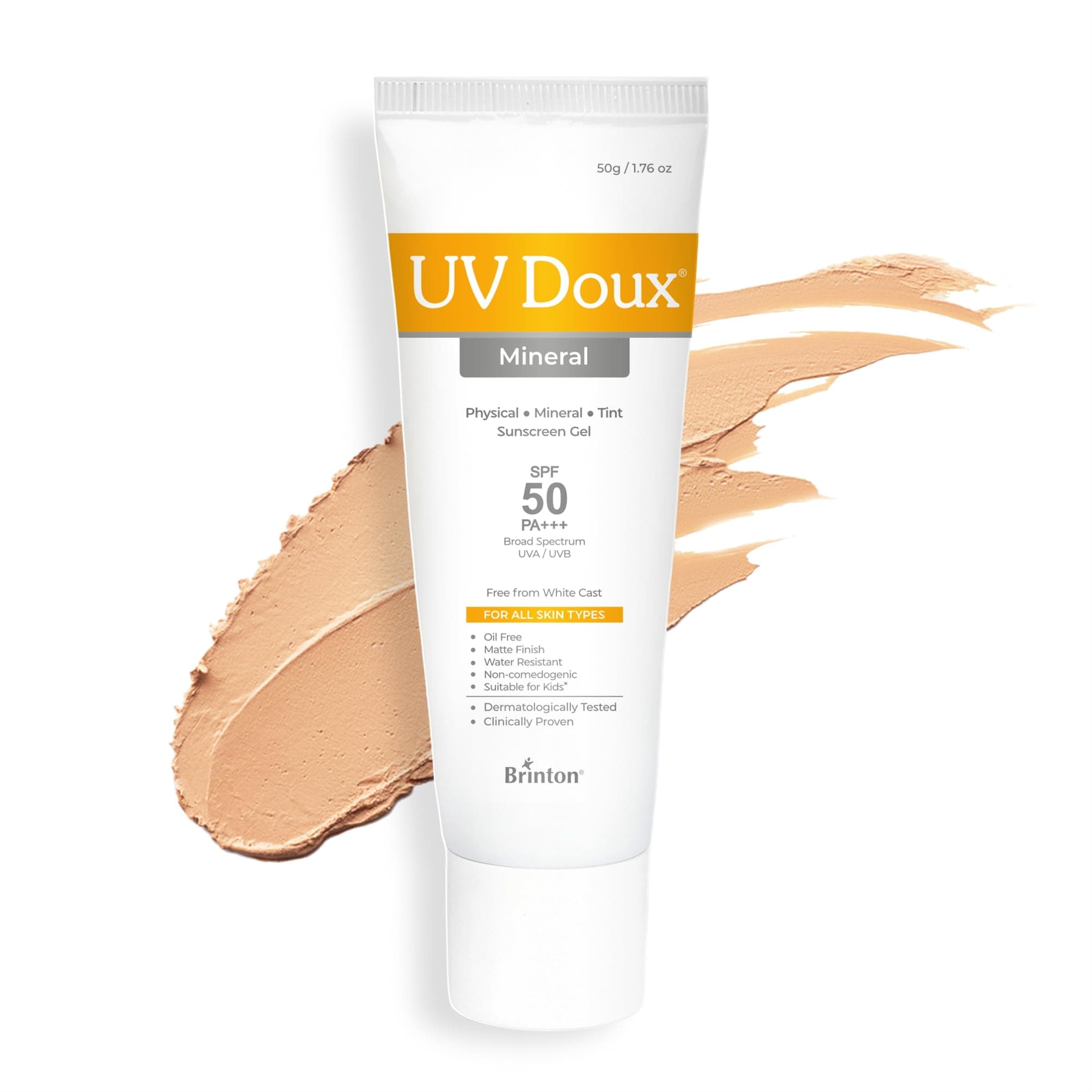 UV Doux Mineral Sunscreen SPF 50 PA+++ | Tinted, Oil-Free, Water Resistant | No White Cast | Zinc & Iron Oxide | For Sensitive & Acne-Prone Skin | Broad Spectrum, 100% Mineral | Men, Women 50g/1.7oz