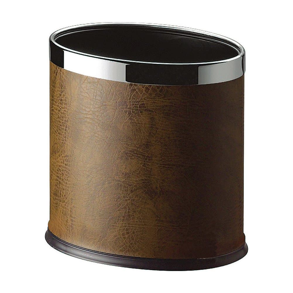 Oval Shape Faux Leather Metal Trash Can Garbage Bin-8liter/2gallon (Brown)