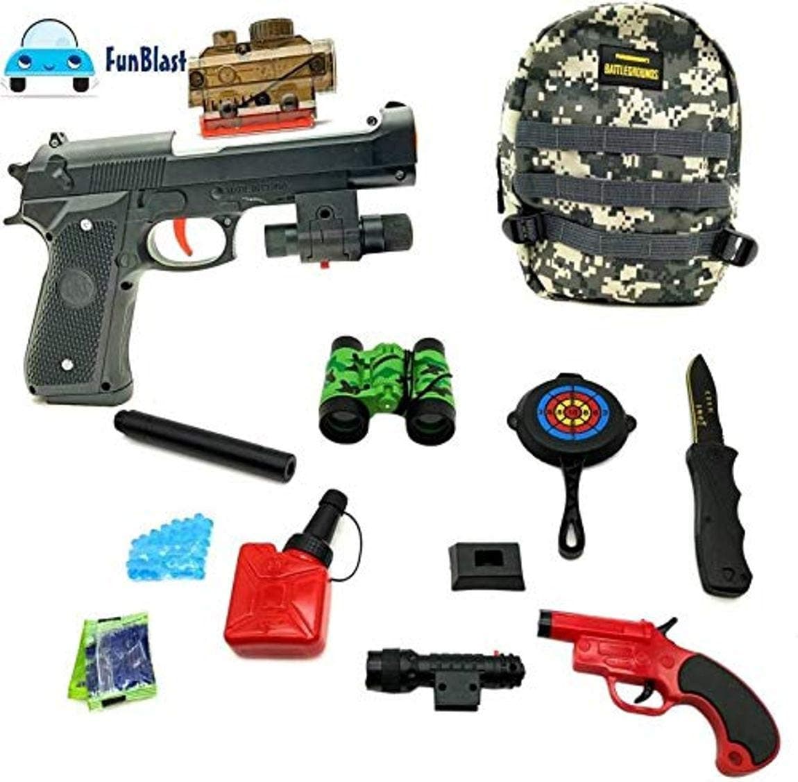 Storio Pubg Gun Set with Bullets, Pretend Play Pistol P92 Gun Toy with Level 3 Backpack & Combat Set for Kids (Multicolor)