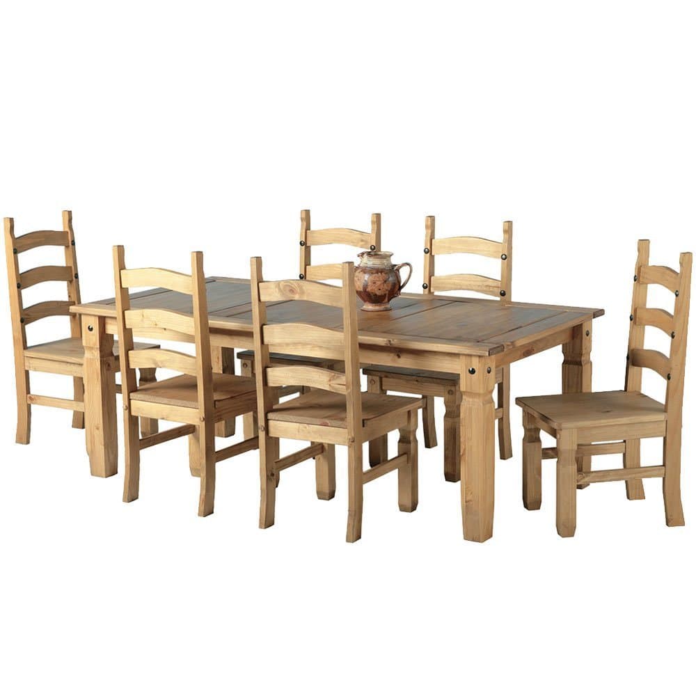 Corona 6'0" Dining Table & 6 Chairs Set Solid Wood Pine Wooden Mexican Style Large 6FT Kitchen 76cm High 182cm Wide 92cm Deep