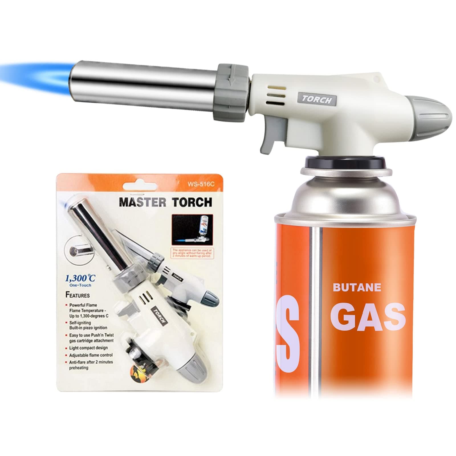 Butane Torch Kitchen Blow Lighter/ 360 Degree Reverse Professional Chef Culinary Torch with Safety Lock and Adjustable Flame for Cooking (Butane Gas Not Included)