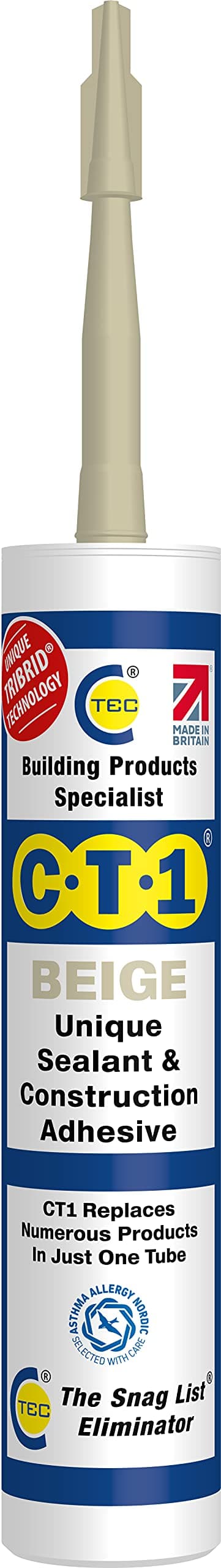 CT1 Beige TRIBRID Multi-Purpose Sealant & Adhesive - Bathroom & Shower Sealant - Odourless - Anti Mould Waterproofing - Vibration Resistant & Flexible - 290ml