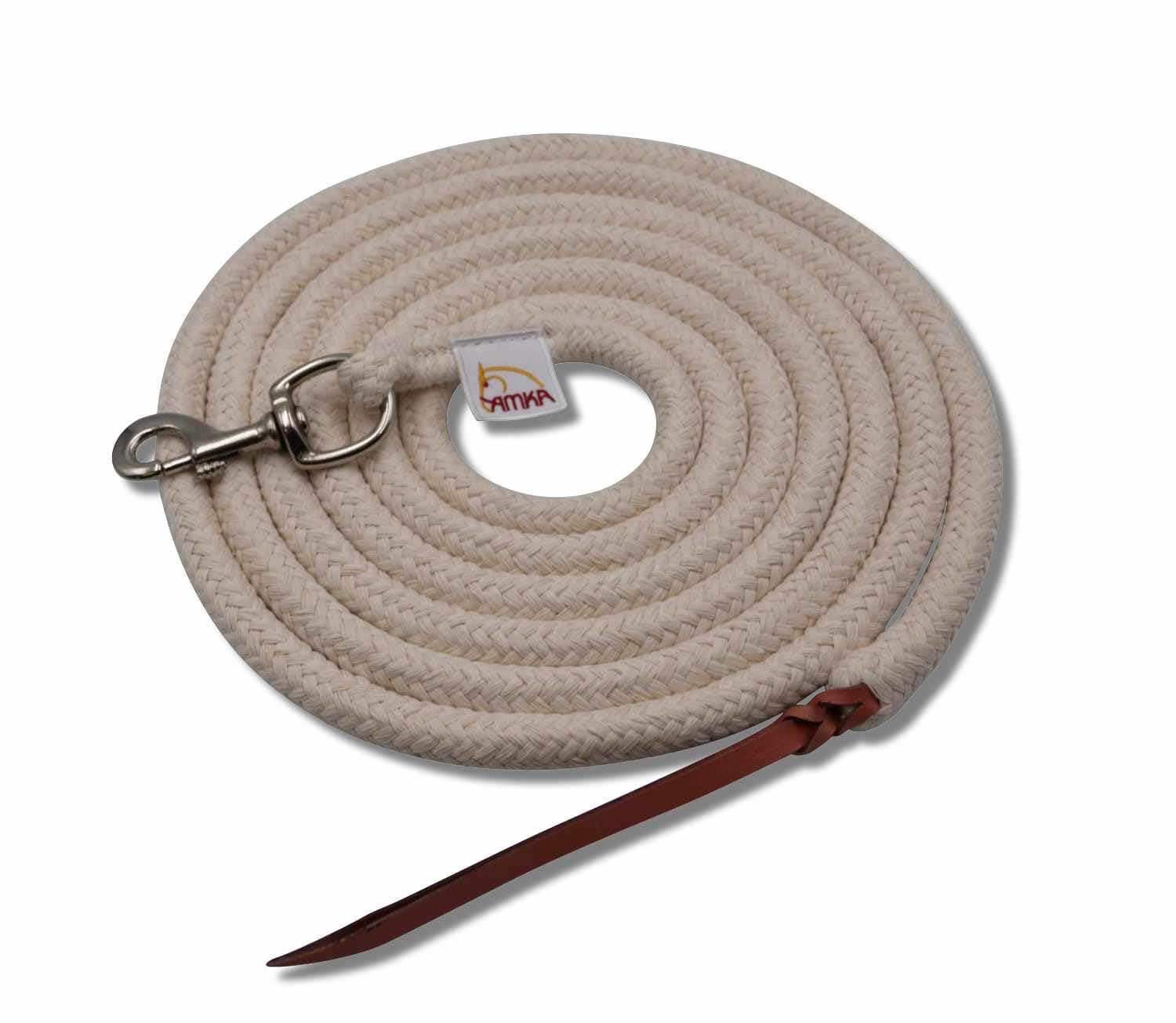 Amesbichler Reitsport AMKA Ground Rope Cotton with Leather Claw Natural 4.25 m with Carabiner Western Lead