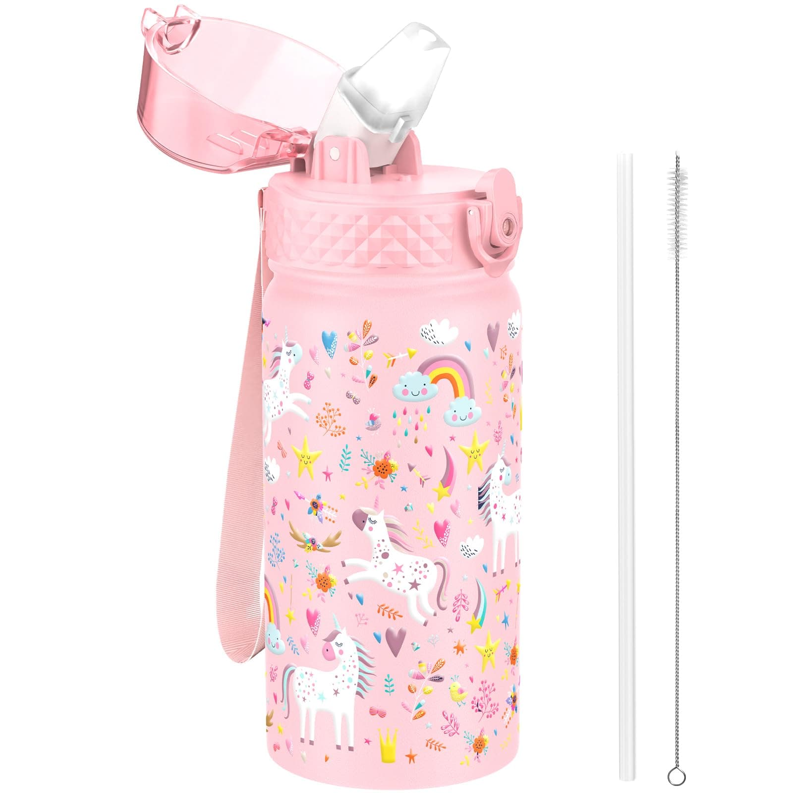 420ml/14oz Kids Insulated Water Bottle with Straw Cute Double Wall Stainless Steel Child's Small Flask Vacuum Insulated Steel Metal Leak Proof Drink Flask Boys Toddler Girls Bottles BPA-Free