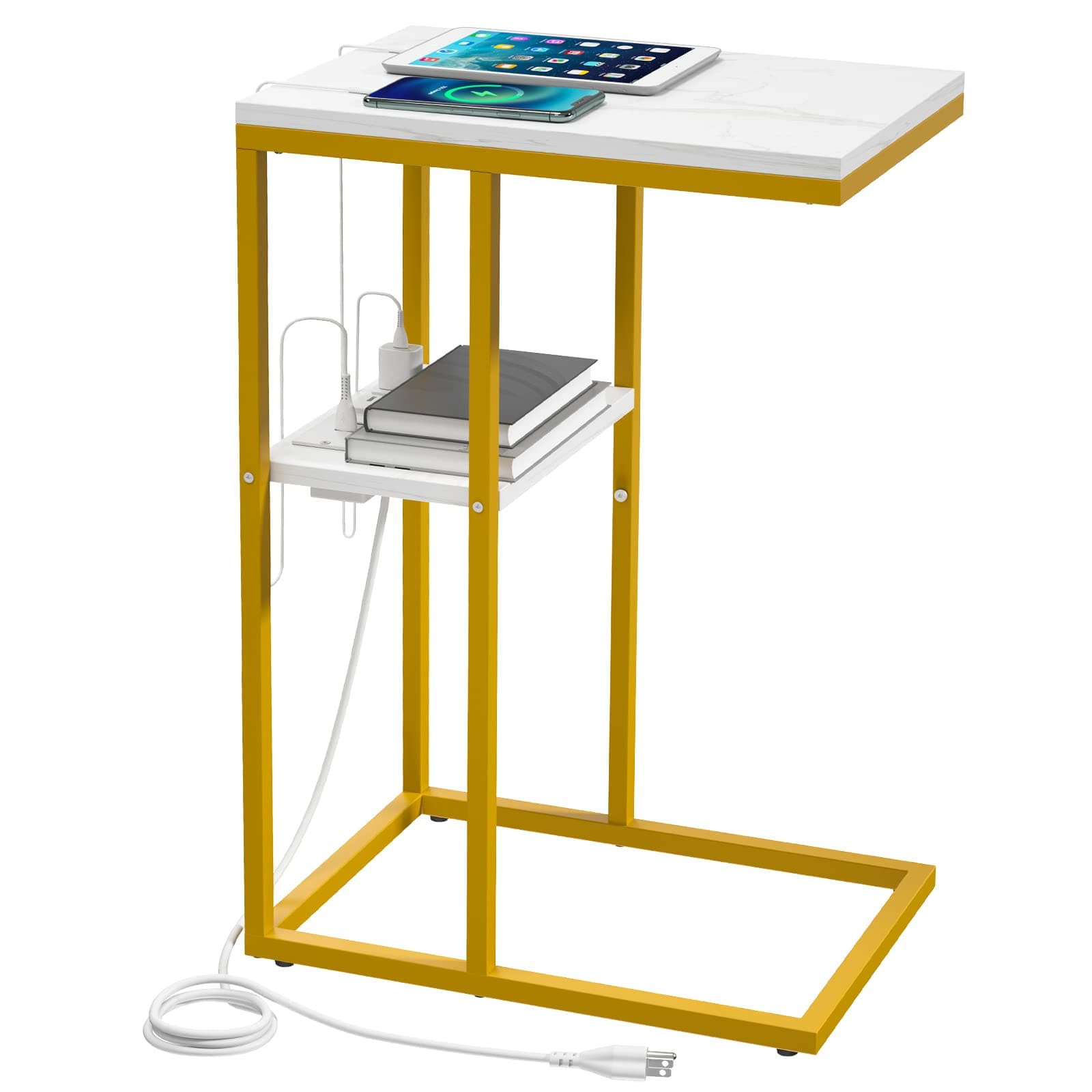 YoobureC Shaped End Table with Charging Station, Small Side Tables for Living Room, Bedroom, Sofa Table with USB Ports and Outlets for Small Spaces, C Couch Table Rustic Snack Table Bed Side Table