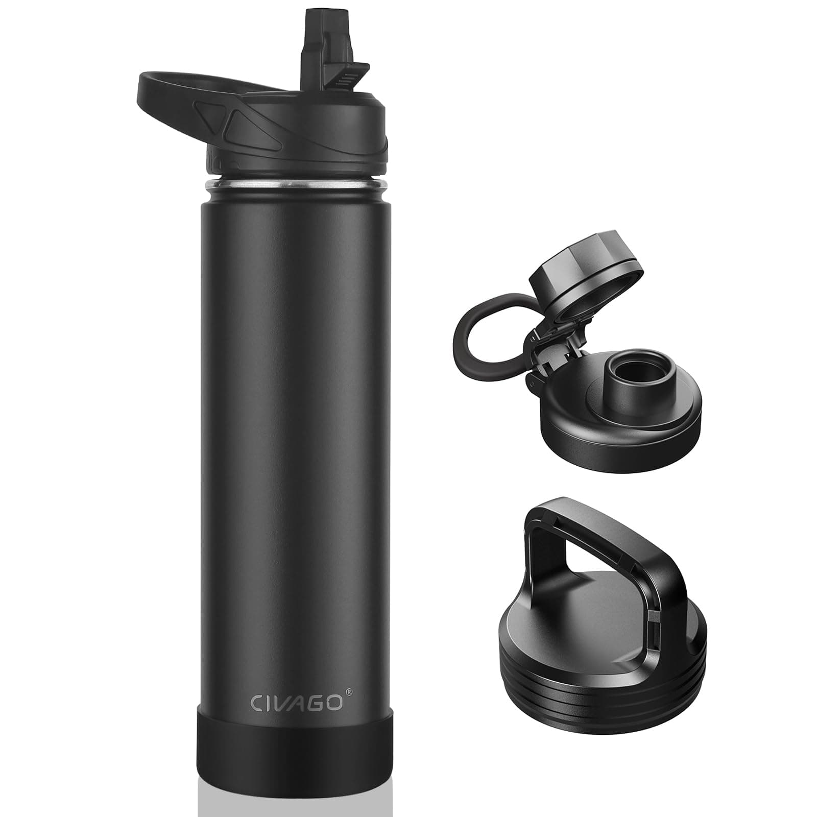 24 oz Insulated Water Bottle With Straw, Stainless Steel Sports Water Flask Cup with 3 Lids (Straw, Spout and Handle Lid), Double Walled Travel Thermal Canteen Mug, Black