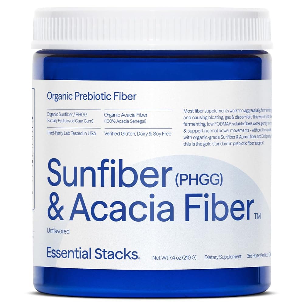 Essential Stacks Organic Sunfiber Prebiotic Fiber (Partially Hydrolyzed Guar Gum/PHGG) with Acacia Fiber Powder - Gluten Free, Non-GMO & Unflavored (7.4 oz)