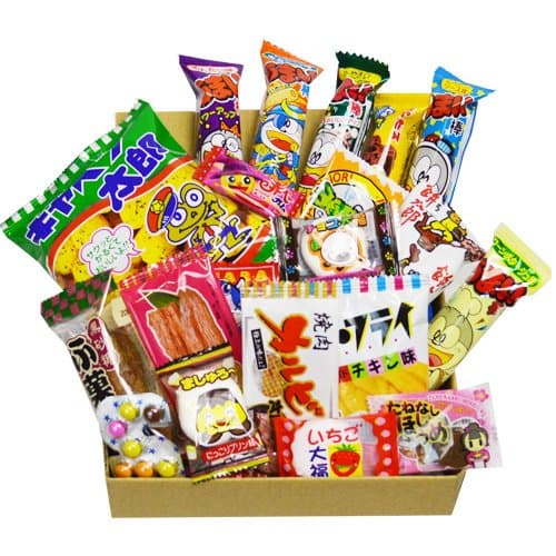 Japanese Candy Dagashi Box 20pcs Umaibo Snack Gumi potato Chip Kitty chocolate w/ AKIBAKING Sticker