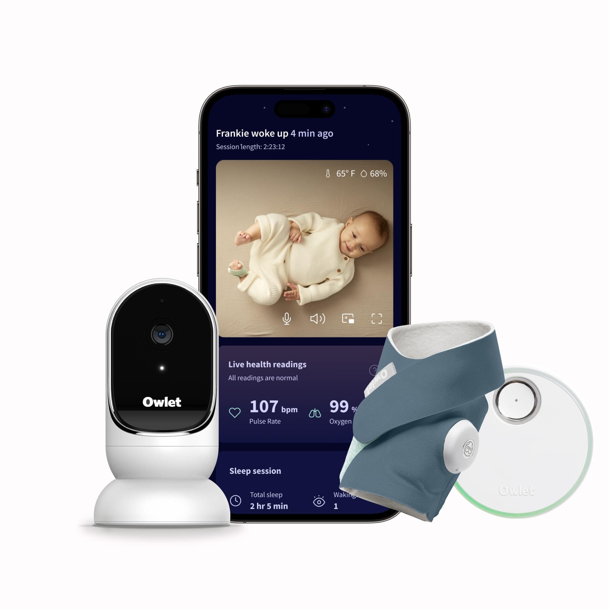 Dream Duo (Gen 3) Smart Baby Monitor All-in-One Bundle - 2K HD Video Baby Monitor with Alerts & Owlet Dream Sock Tracks Baby’s Oxygen, Heart Rate & Sleep | Health Insights via App