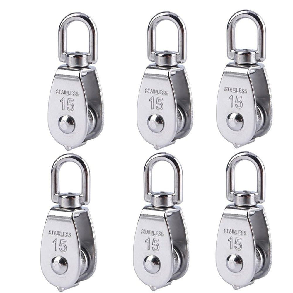 Stainless Steel Wire Rope Crane Pulley Block M15 Lifting Crane Swivel Hook Single Pulley Block Hanging Wire Towing Wheel 6Pcs