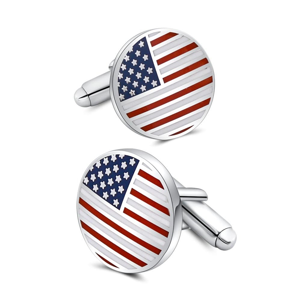 Patriotic Cufflinks - 16mm Enamel American Flag Design on Rhodium-Plated Brass (Velvet Gift Pouch Included)