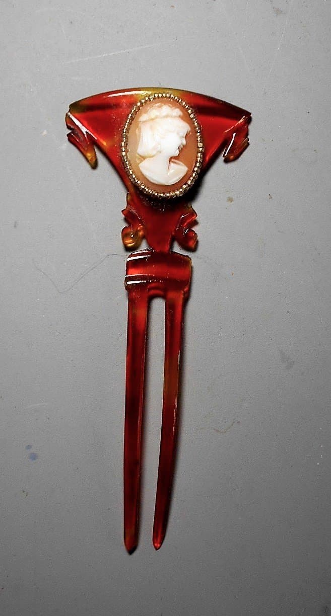 Antique Celluloid Victorian Hair Pic Comb Carved 75 Years Ago + w/Shell Cameo Surrounded Gold Seed Beads NOS OOAK