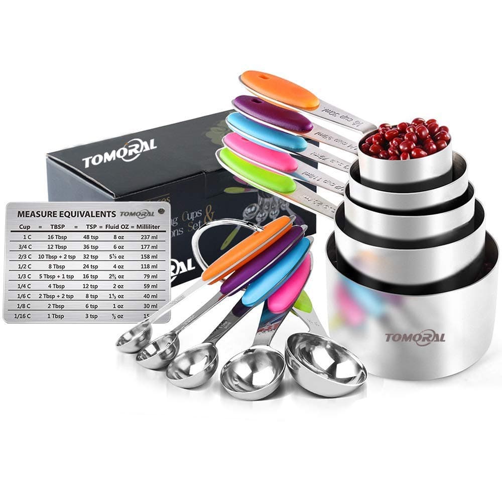 TOMORAL Measuring Cups and Spoons Set of 13, Durable 304 Stainless Steel 5 Measuring Cups and 5 Measuring Spoons with 2 O Rings and Magnetic Measurement Conversion Chart
