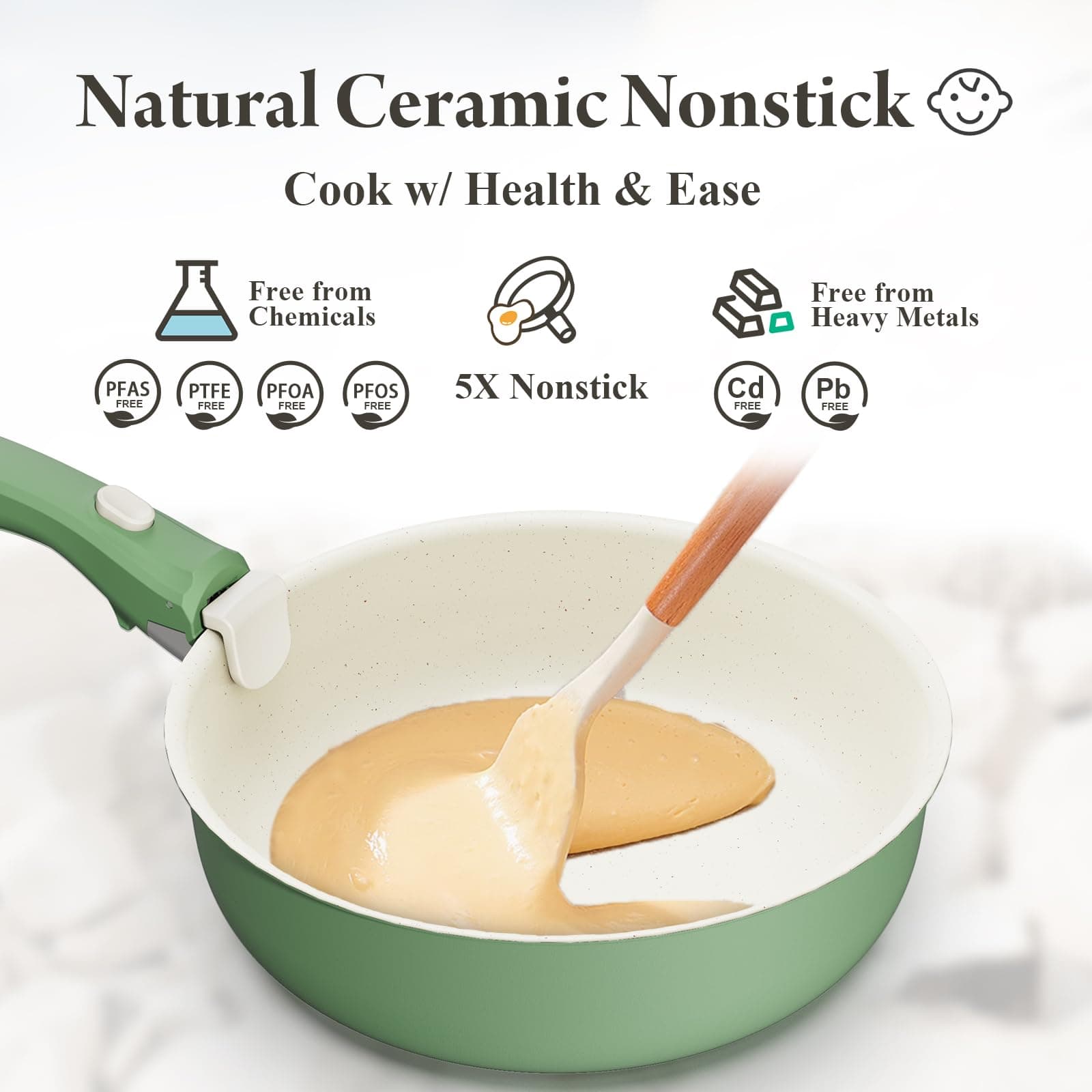 Ceramic Nonstick Cookware Set, Healthy,Non Toxic,17-Pieces Pots and Pans Set Removable Handles,Induction RV Kitchen Set,Stain & Scratch-resistant,Dishwasher/Oven Safe,PFAS/PFOA Free,Green