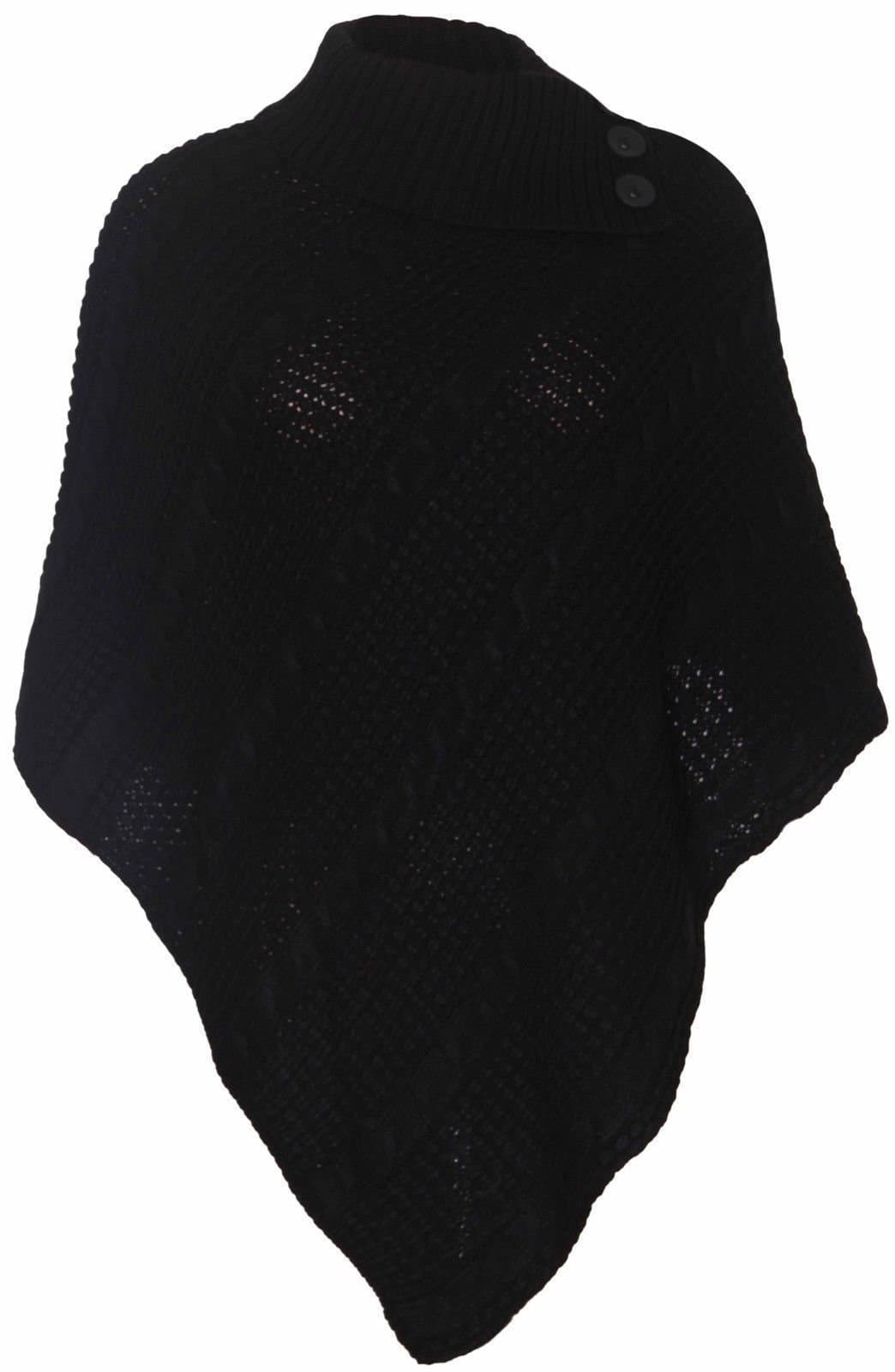 Hina Fashion Women Ladies Long knitted 3 Button Poncho Cape Shawl Wrap Jumper Top (One Size Fits 8-18, Black)