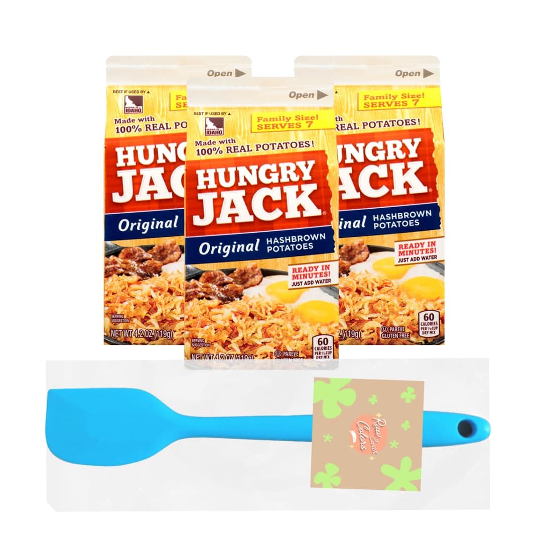 Hungry Jack Hash Browns Shredded, Dehydrated Hashbrowns, 3 Pack Bundle with Raw Earth Colors Spatula.