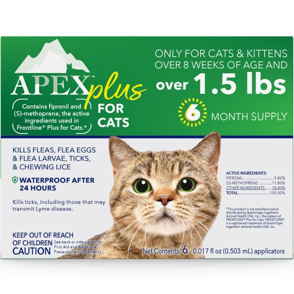 Apex Plus Cat Flea and Tick Treatment | 6-Month Supply, Over 1.5 lbs | Flea Treatment for Cats & Kittens | 24-Hour Activation, Waterproof, 30-Day Protection