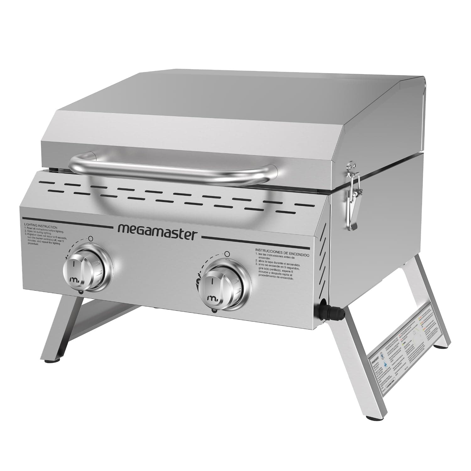 2-Burner Stainless Steel Portable Gas Grill with Built-In Lid, 16,000 BTUs, Foldable Legs, Small Propane Grill for Outdoor Cooking, Camping, Tailgating, Patios, and More - 820-0033M