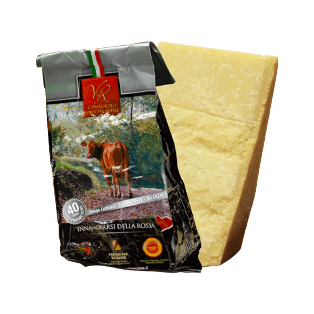 Parmigiano Reggiano PDO "Vacche Rosse/Red Cows" Seasoned 40 Months, 2,2 lbs (kg.1). Produced Directly by Consorzio Vacche Rosse (Red Label)