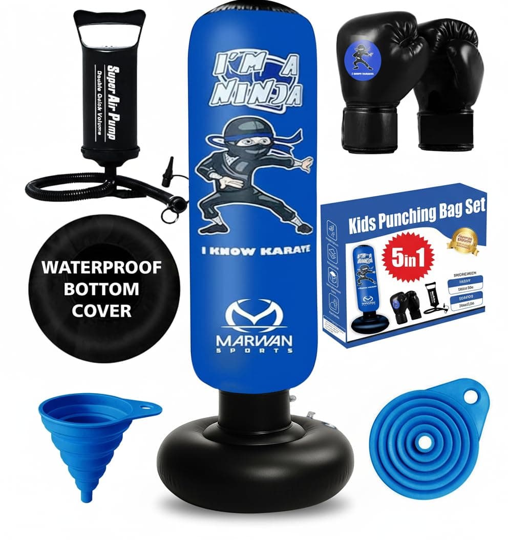 'Marwan Sports 5-in-1 Inflatable Punching Bag for Kids – 63'' Karate Toy Set with Boxing Gloves, Durable Fast Rebound, Active Play, Stress Relief Christmas/Birthday Gift for Boys & Girls Ages 4-12'