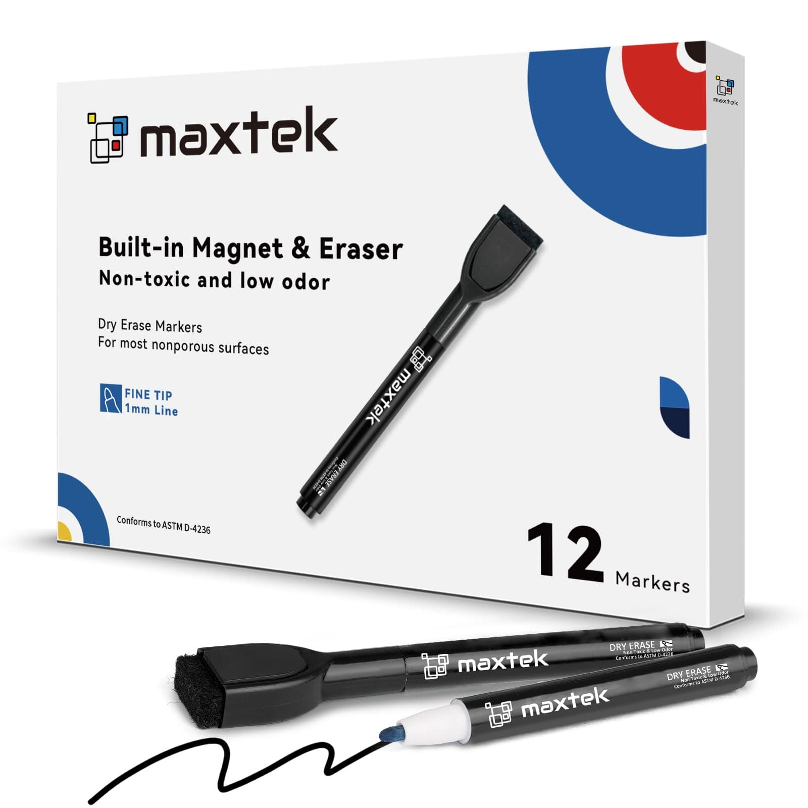 maxtek Magnetic Black Dry Erase Markers, 12 Count Fine Tip Whiteboard Markers with Eraser, Thin Markers Low Odor for Classroom, Office, Home