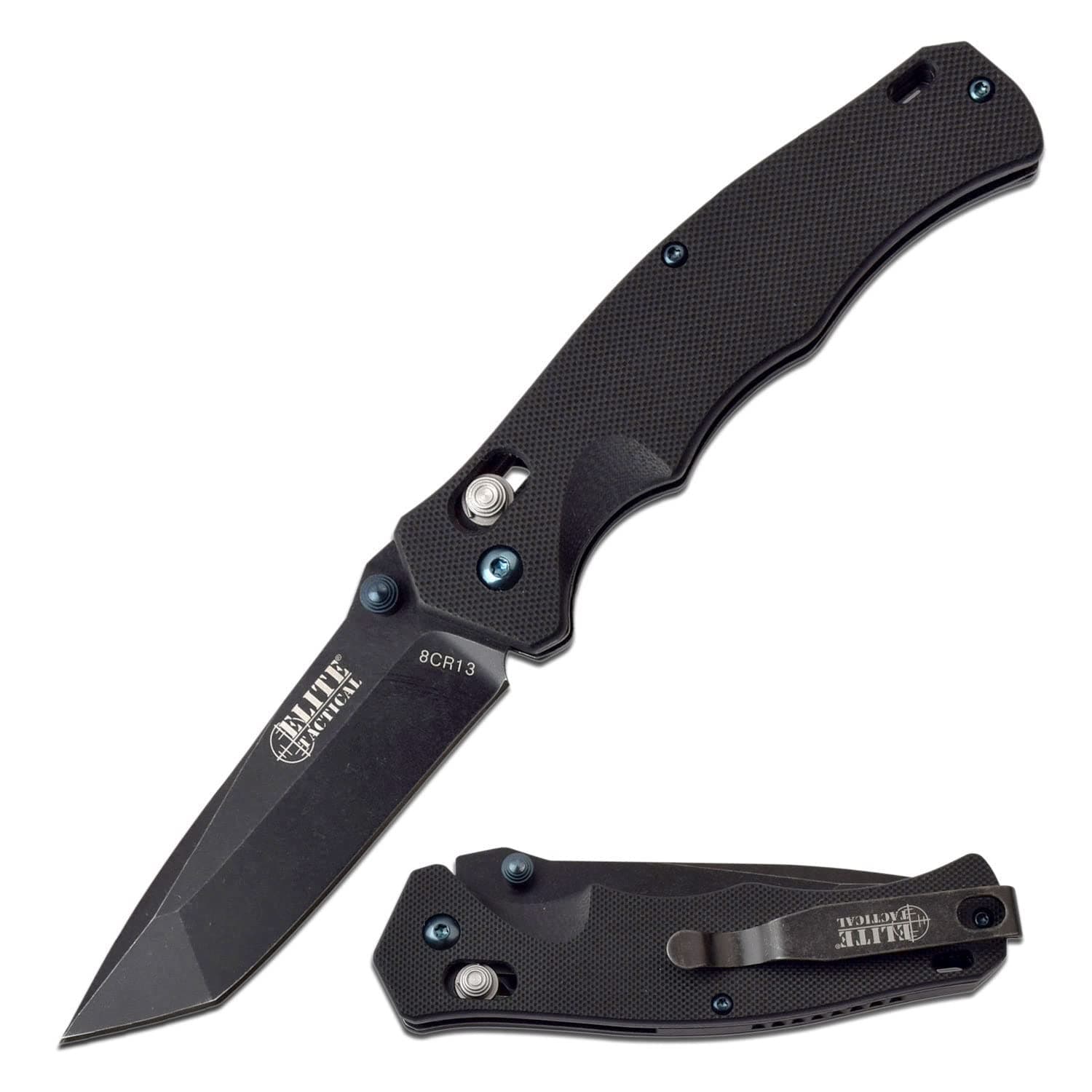 Elite Tactical - Folding Knife - Black Stonewashed Finish Tanto Blade with G10 Handle and Deep Carry Pocket Clip - Rapid Lock Tactical Military Combat Knife