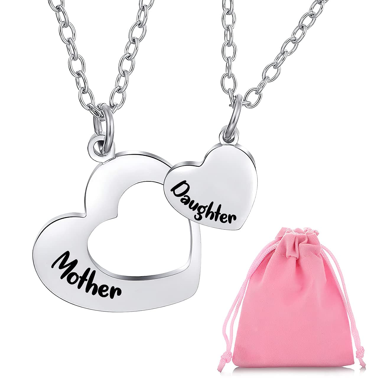 Silver Necklace for Women Girls, 2Pcs Mum Necklaces from Daughter with Engraved Heart Pendants Presents, Mother and Daughter Necklaces Birthday Christmas Mothers Day Gifts for Mum, Stainless