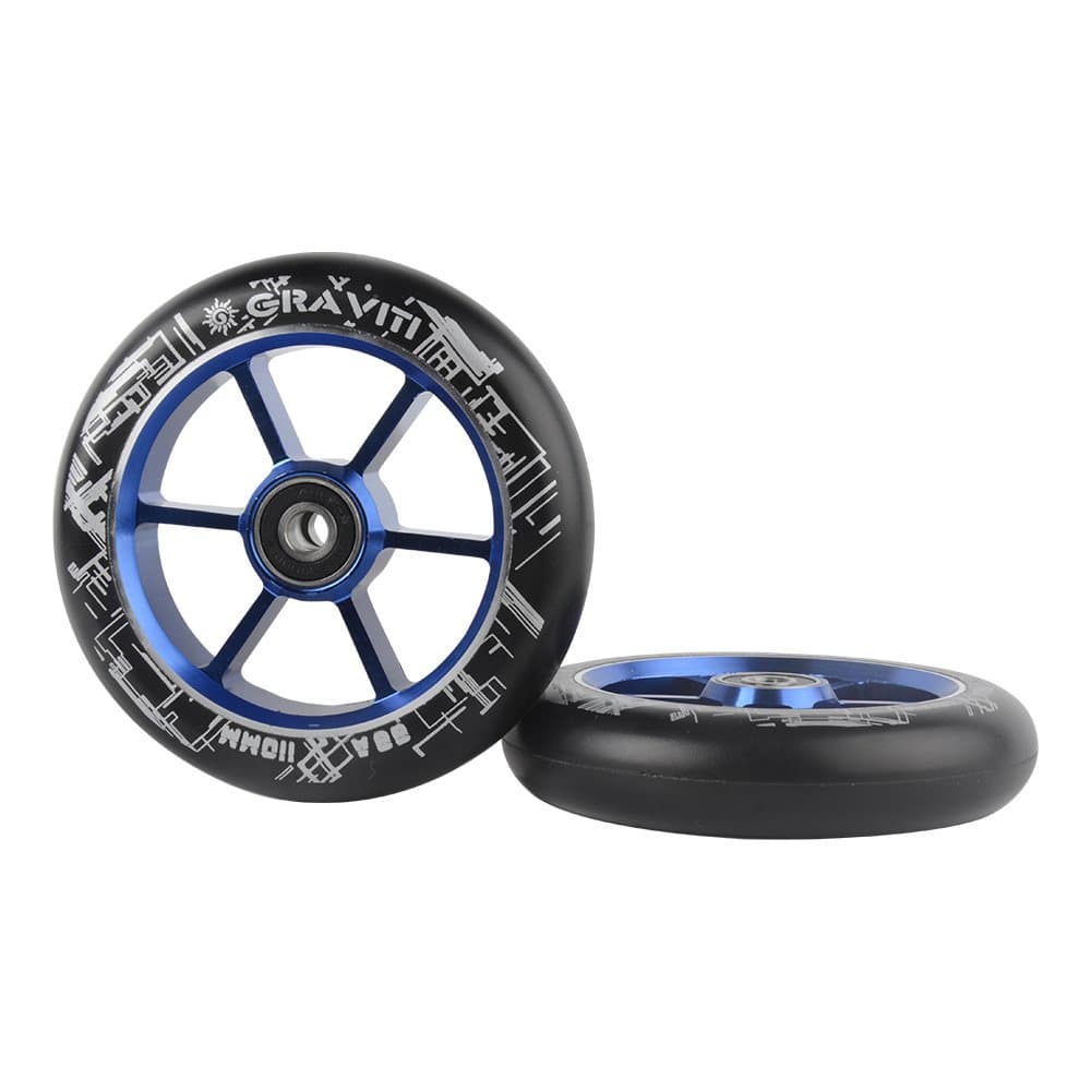 GRAVITI One Pair 110mm Pro Stunt Scooter Wheels ABEC-9 Bearings CNC Metal Core (2pcs) (black pu dark blue core)