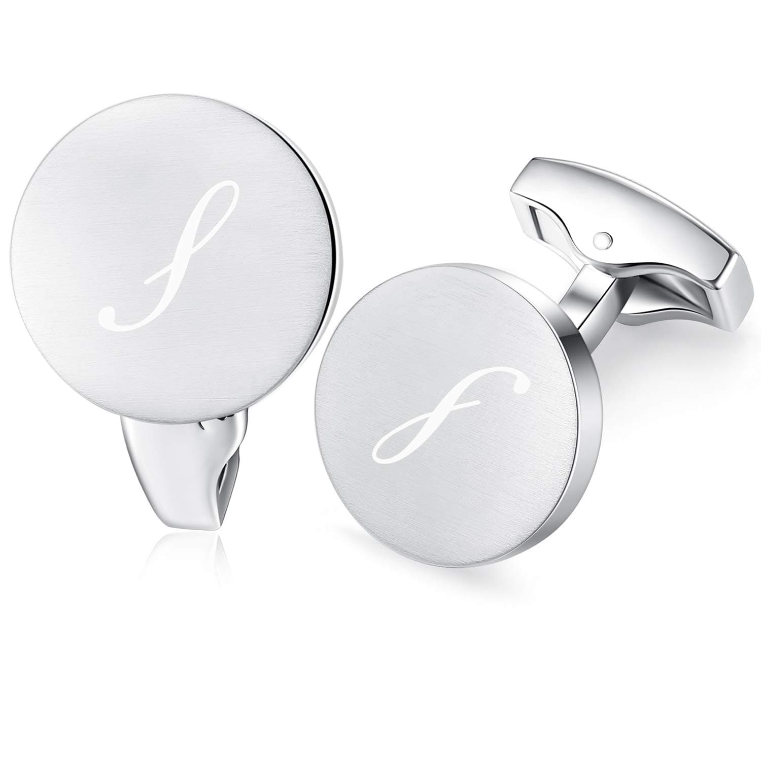 HONEY BEARInitial Alphabet Letter Cufflinks Round for Mens Wedding Business Gift,Stainless Steel Brushed Silver A-Z