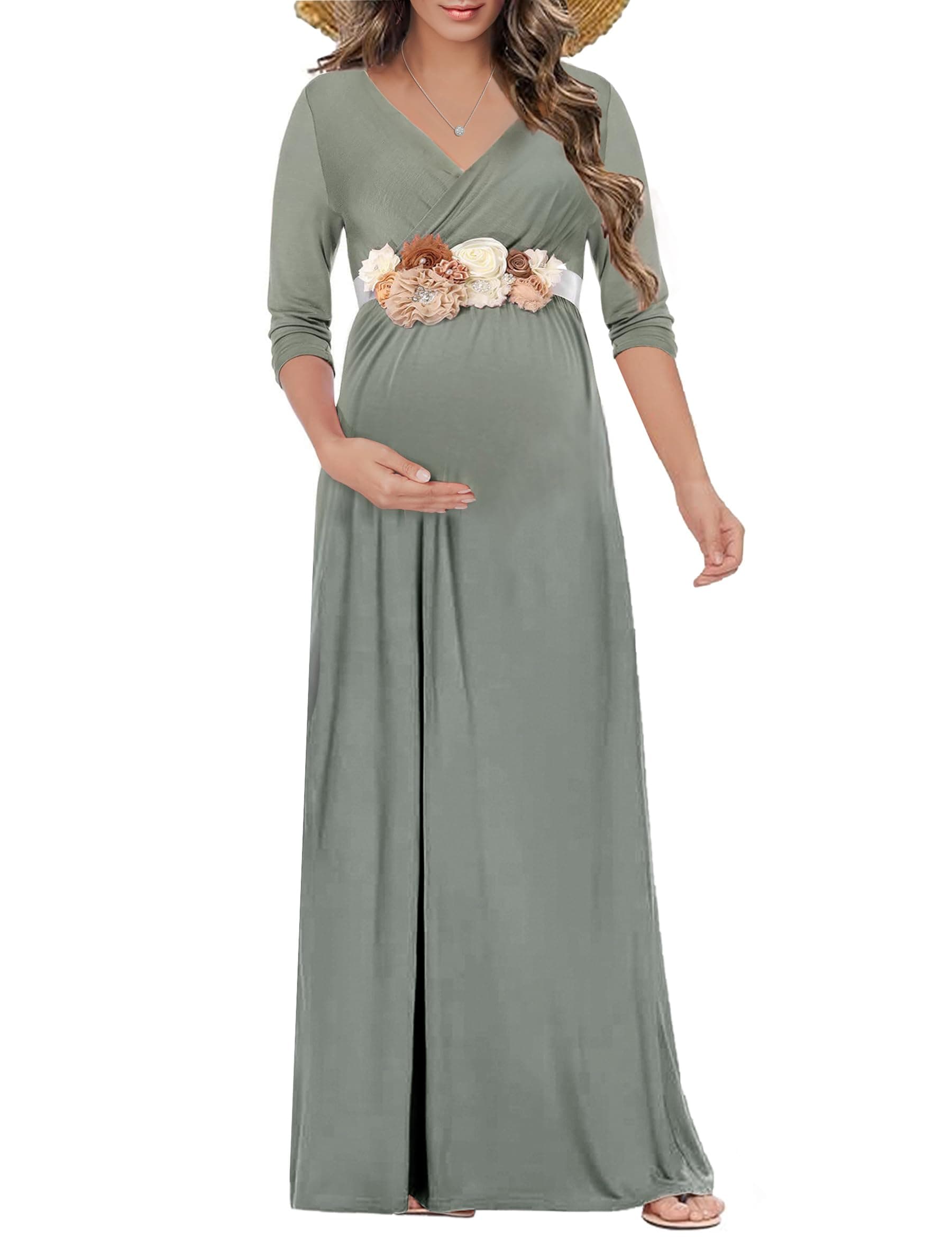 KIM S Maternity Maxi Dress with Flower Sash(S-3XL)/Wrapped Ruched V Neck Photoshoot Baby Shower Dresses