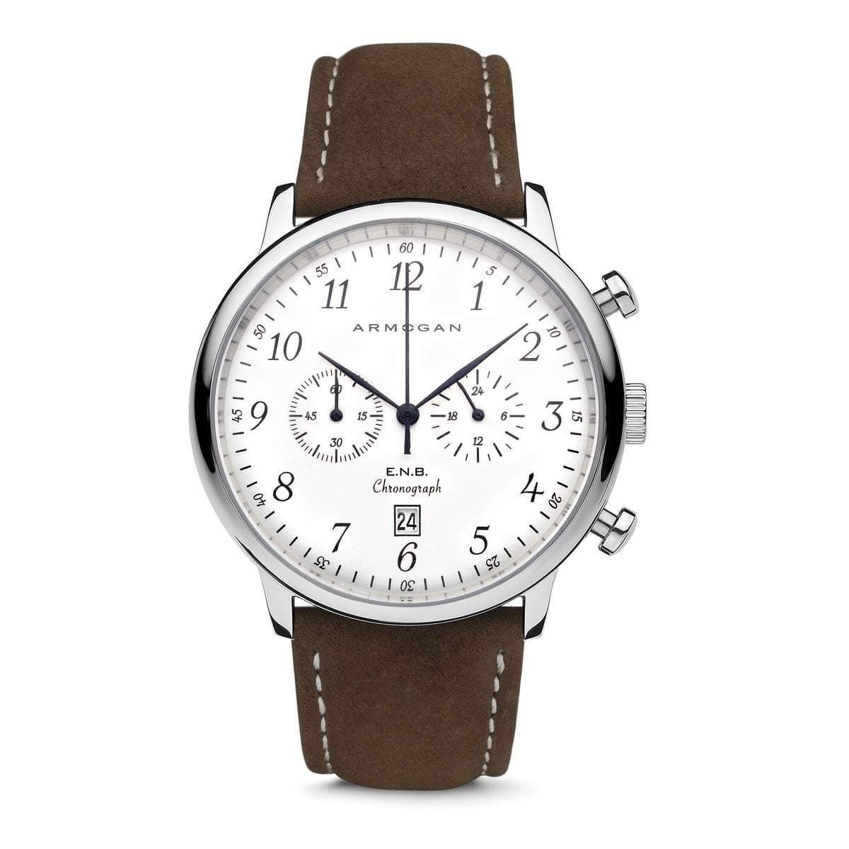 Armogan E.N.B - Silvered Whited C81 - Men's Chronograph Watch Brown Suede Leather Strap