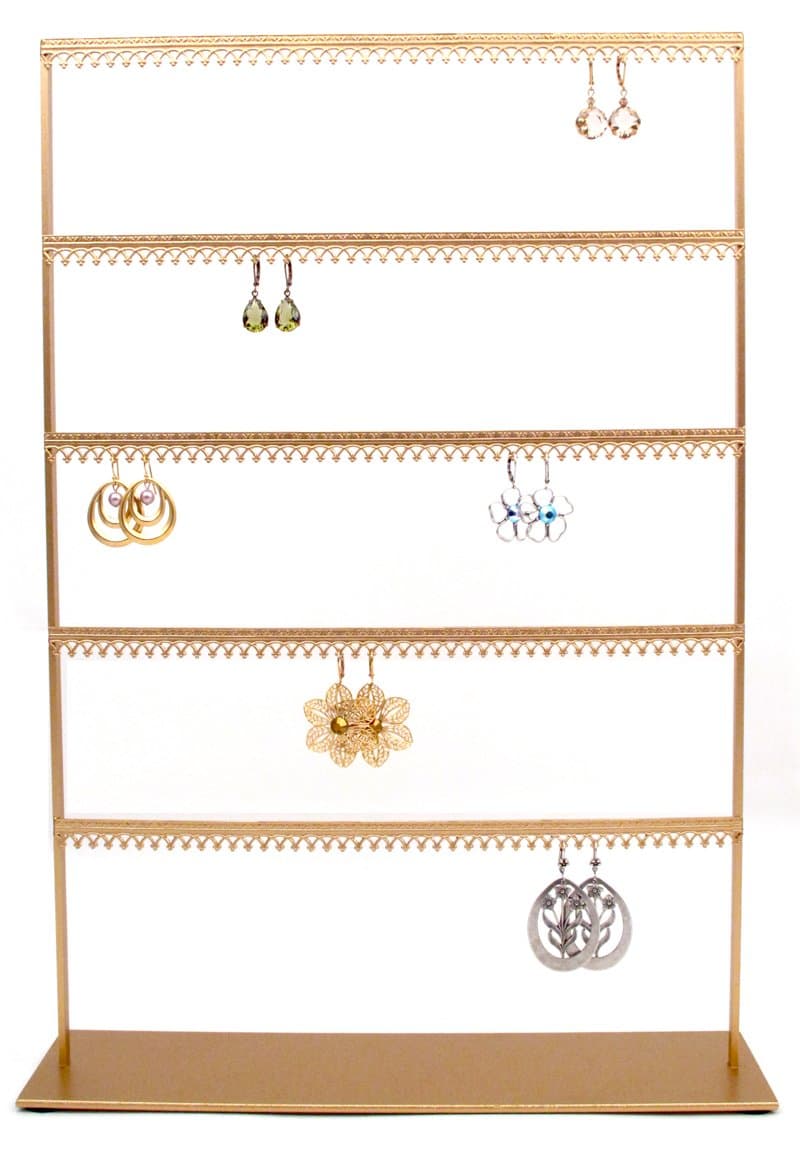 wide 5 tier earring organizer stand with crown molding - Gold