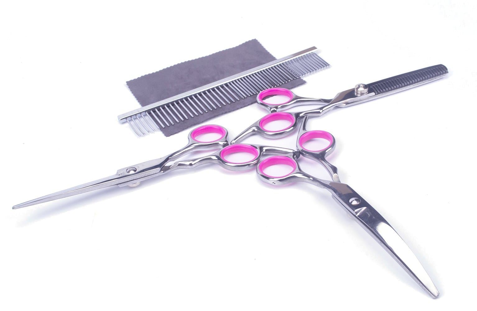 Dog Grooming Scissors, 6 Sets - Thinning, Straight, Up-Curved Shears, Comb, Wiping Rag with Leather Case - Perfect Trimming Kit for Dog and Cat (6 set, silver and purple)