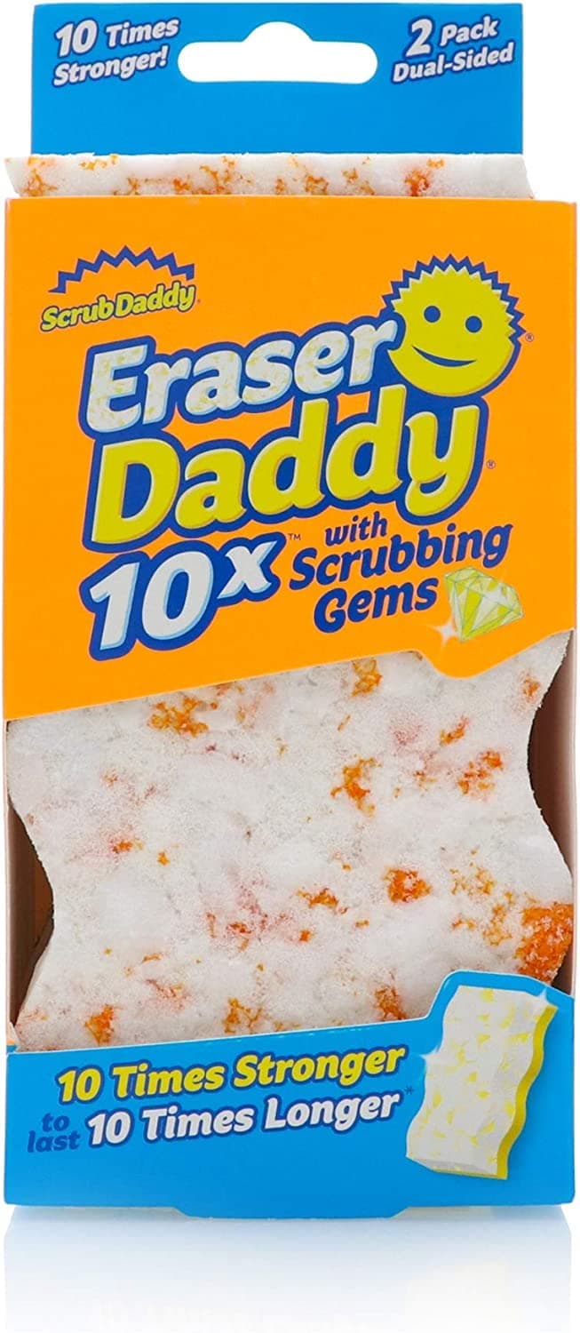 Scrub Daddy - Eraser Daddy 10x with Scrubbing Gems Dual-Sided Scrubber and Eraser- Lasts 10x Longer Than Ordinary Melamine Erasers, Water Activated, Dual Sided, Ergonomic, Color Code Cleaning- 2ct
