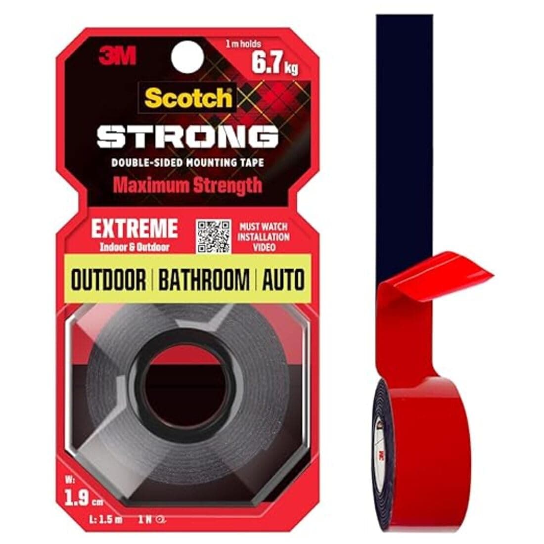- Scotch Extreme Double Sided Tape by 3M, 1M Holds 6.7Kg, Works On Uneven Surfaces, Weather Resistant, Works On Indoor, Outdoor, Auto Interior Surfaces, (L: 1.5m, W: 19mm), Black