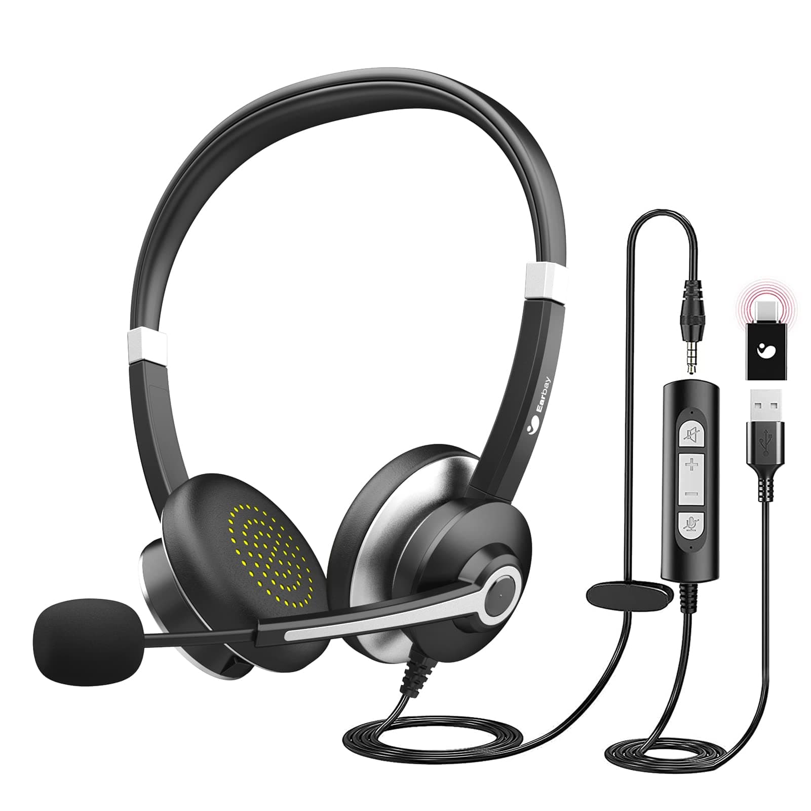USB Headset With Microphone For Laptop, PC Headphones With Mic Noise Cancelling, Computer Headsets With In-Line Volume Control & Mute, Compatible with Ms teams, Zoom, Webex, Office, Home