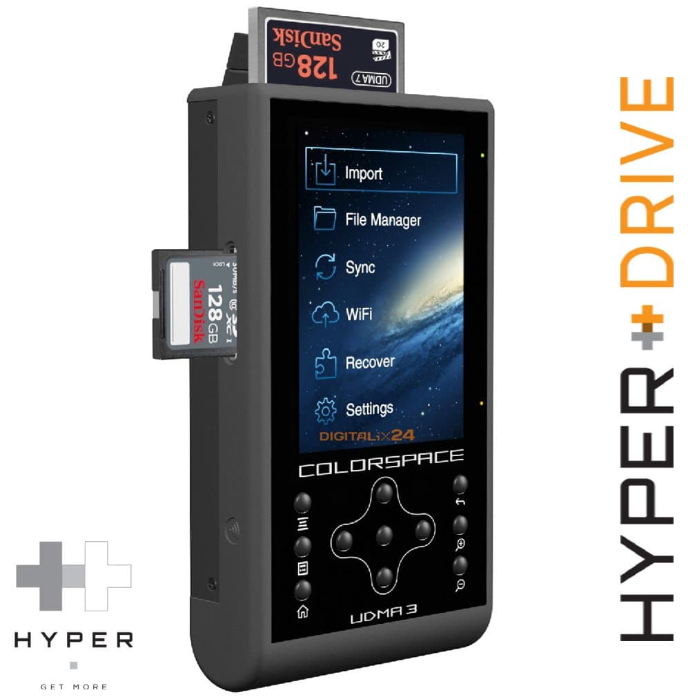 1000 GB / 1TB HDD HyperDrive COLORSPACE UDMA3 - External Hard Drive, Professional Photo / Video Storage Backup Device with built-in CF/SDXC Card Reader and Portable Wireless Hard Drive / WiFi Drive (6.35 cm (2.5") SATA HDD, USB 3.0, WiFi 802.11n 150 Mbps, 8.9 cm (3.5") Backlit-LCD, USB-OTG, 3x CF/SDXC Reader, 30MB/s Backup, Incremental Backup, 2600mAh Battery). UDMA 3 with integrated 1000 GB / 1 TB Hard Disk Drive (HDD). Offer of Digitalix24.