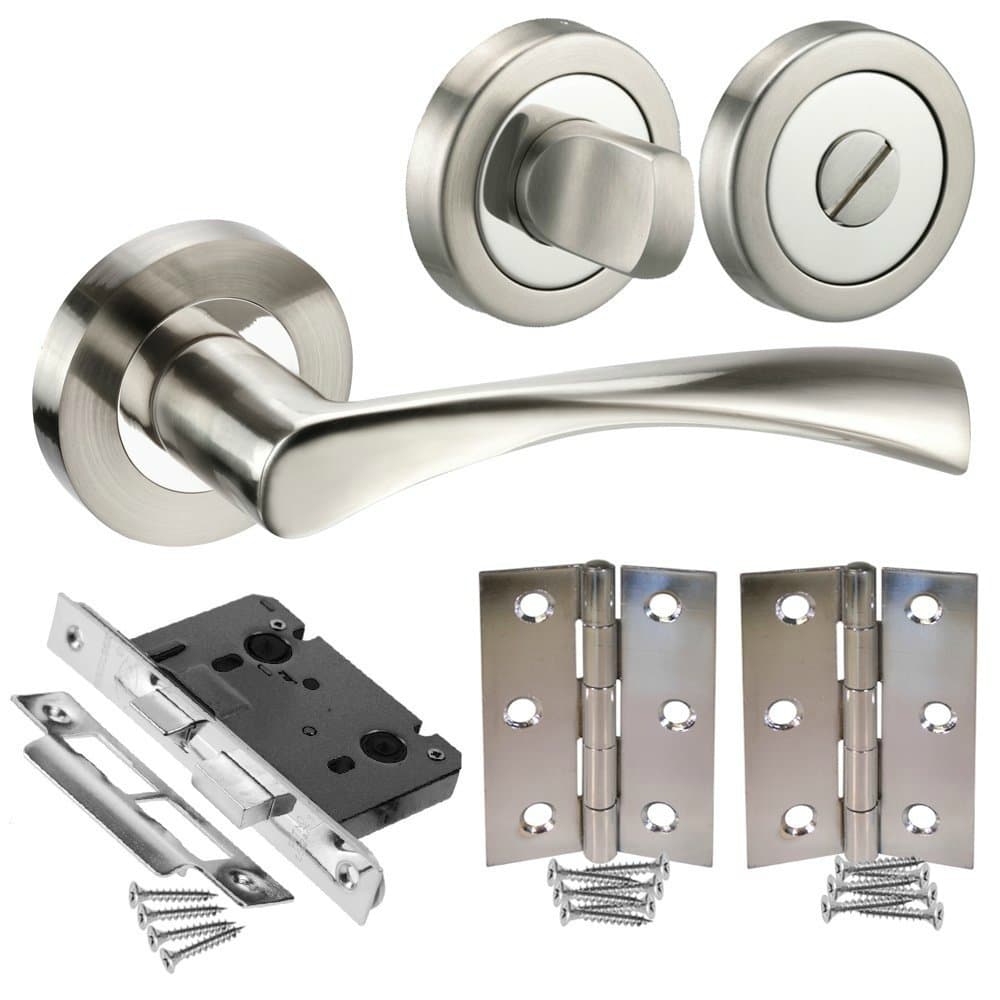 Bathroom Door Handle Pack Duo Chrome Door Handles, Lock, Turn and Hinges