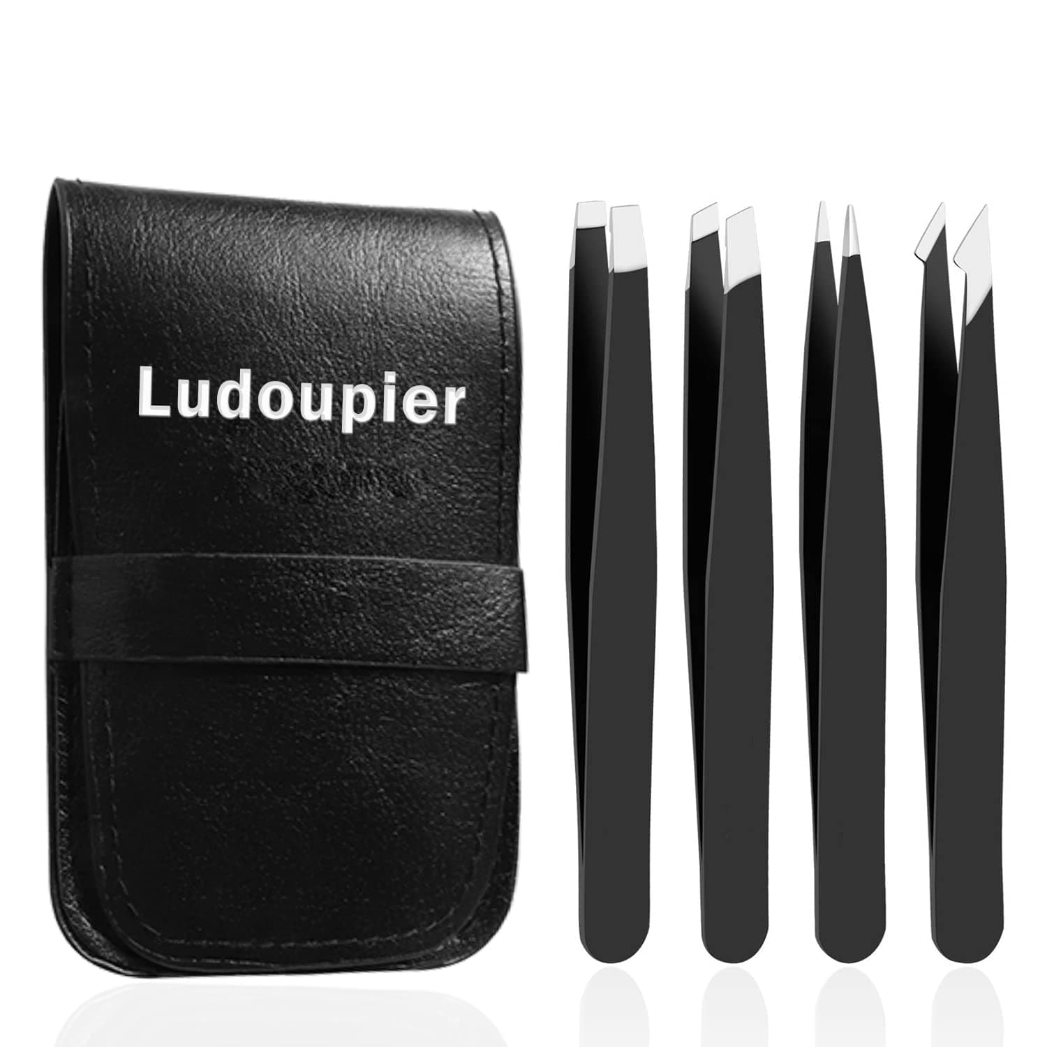 RoosterCo Eyebrow Tweezer Set with Travel Case,4-Piece Daily Beauty Tools for Hair Removal, Best Precision (Black)