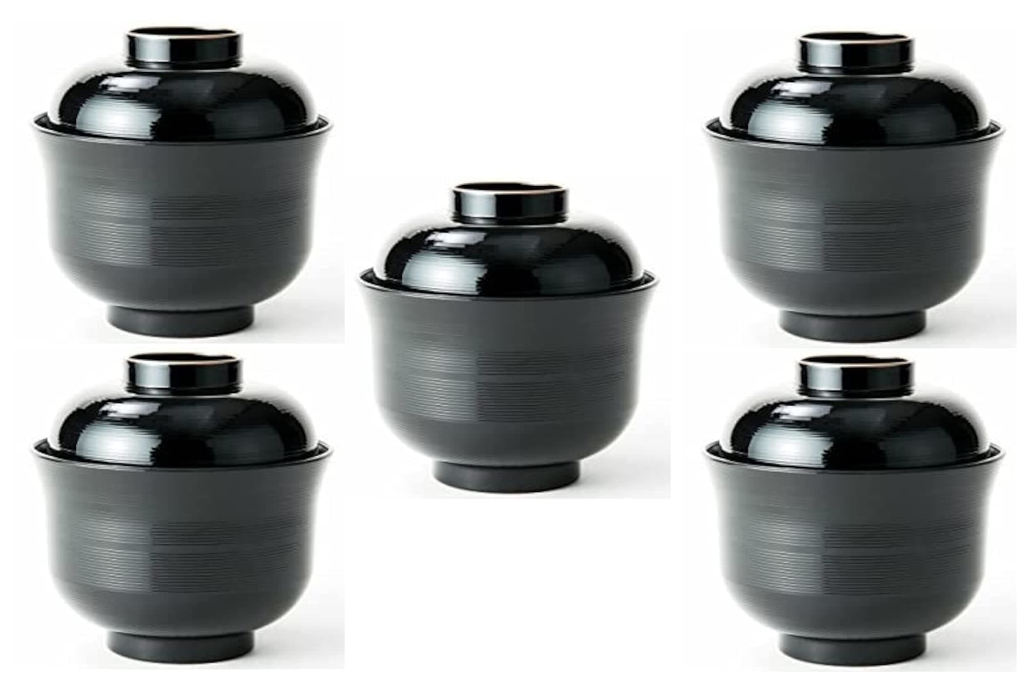 Asahi Kyouyou [5 Bowls Set] Japanese Black Bowls with Lid Set for Rice,Soup etc.
