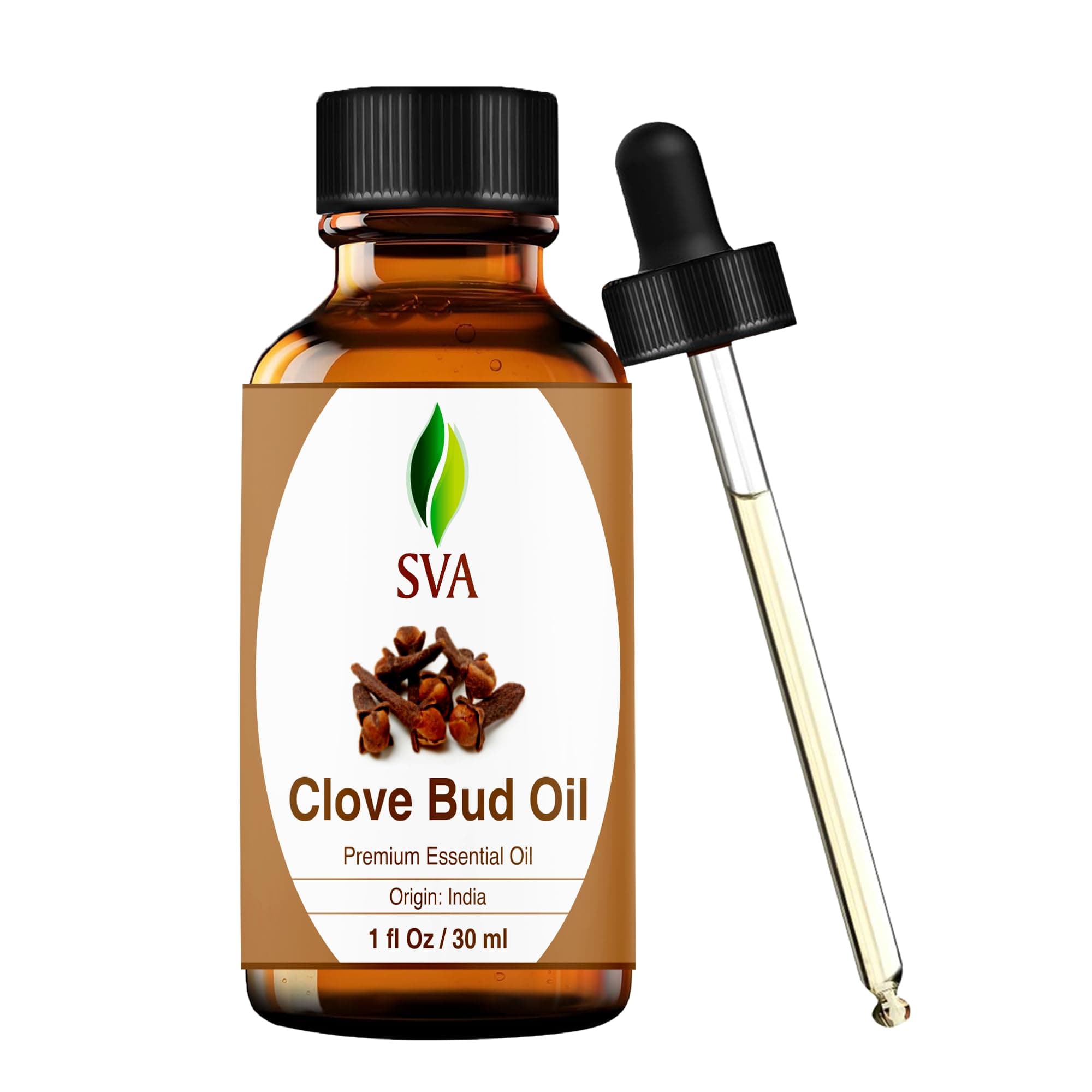 SVA Clove Essential Oil – 1 Fl Oz – 100% Natural Clove Oil - for Diffuser, Hair Care, Face, Skin Care, Aromatherapy, Scalp and Body Massage, Soap and Candle Making - with Dropper